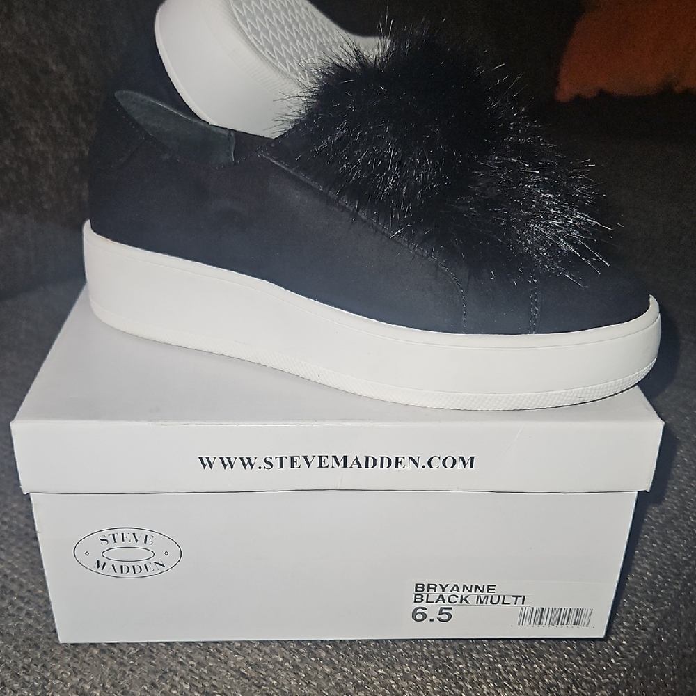Steve Madden Black Furry Slip-On Sneakers - Picture 7 of 8
